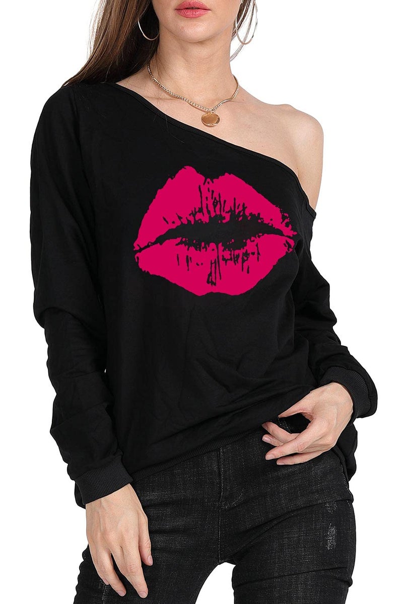 MAGICMK Womanâ€™s Sweatershirt Lips Print Causal Blouse Off The Shoulder Long Sleeve Loose Slouchy Pullover Plus Size Topsâ€¦(XL) - Image 5