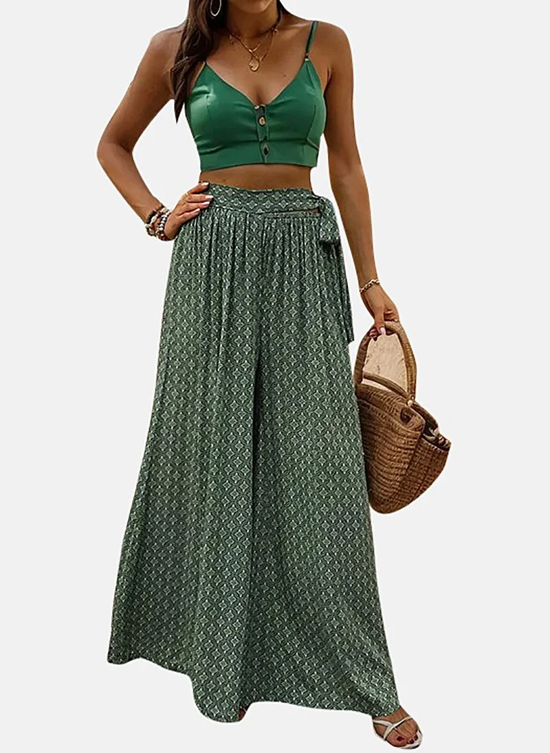 YUNIQEE Green Printed Wide Leg Palazzos