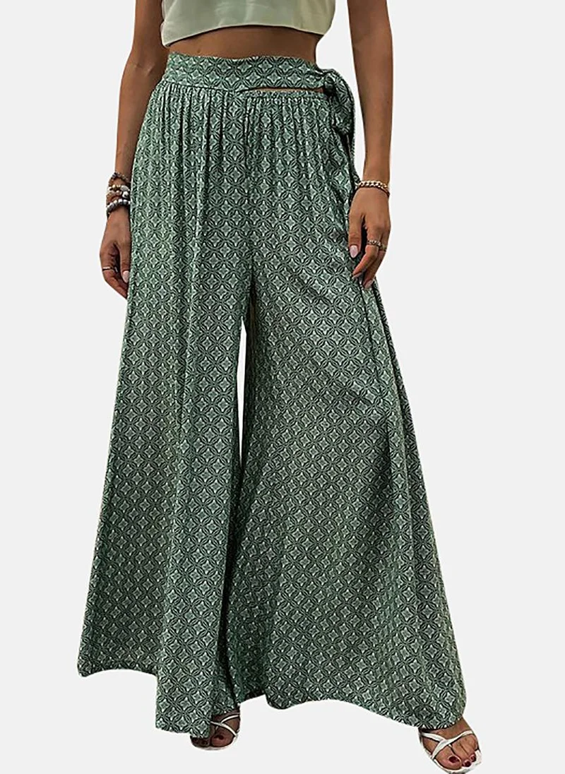 YUNIQEE Green Printed Wide Leg Palazzos