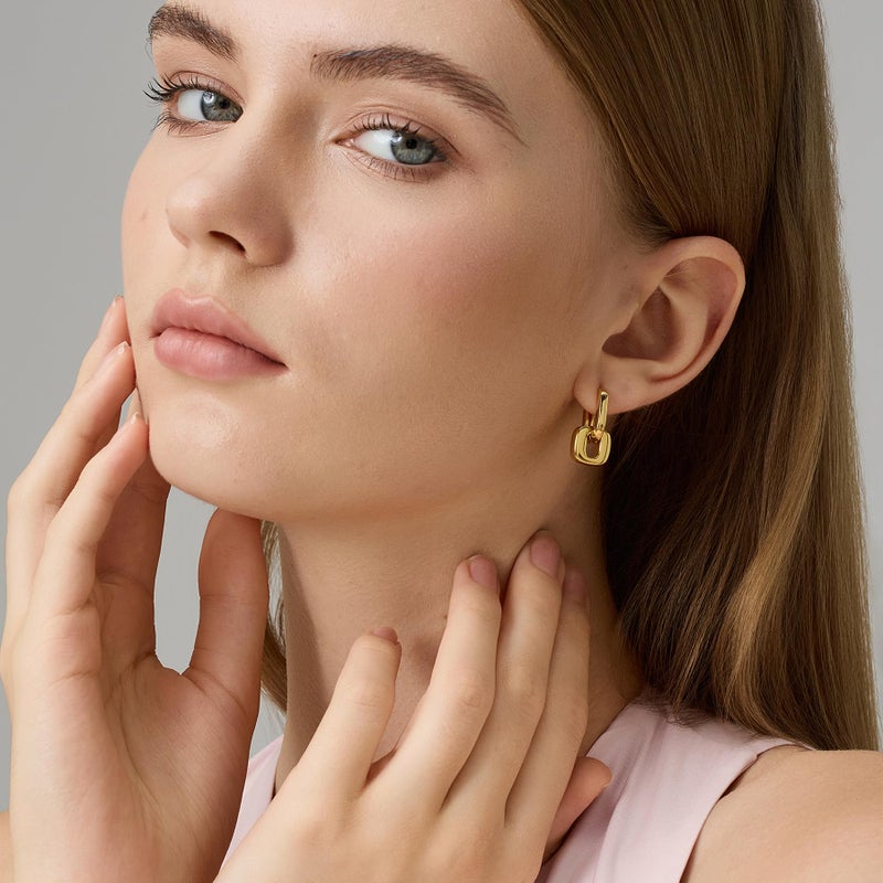 FRUMOS 18K Gold Plated U-Link Drop Earrings for Women, Geometric Chain Earrings with 925 Sterling Silver Posts, Bold Minimalist Statement Earrings - Image 3