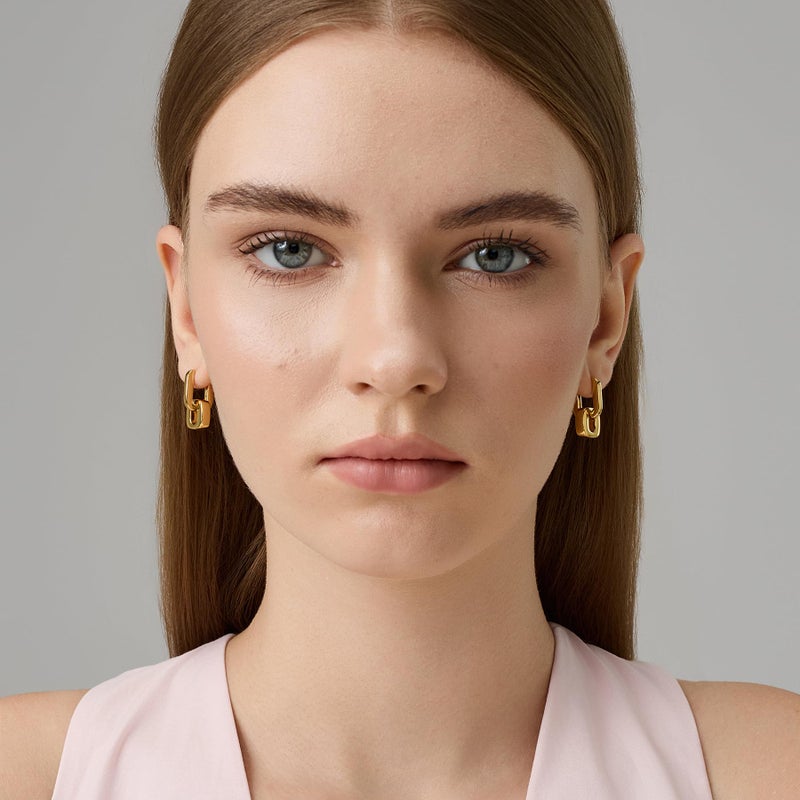 FRUMOS 18K Gold Plated U-Link Drop Earrings for Women, Geometric Chain Earrings with 925 Sterling Silver Posts, Bold Minimalist Statement Earrings - Image 2