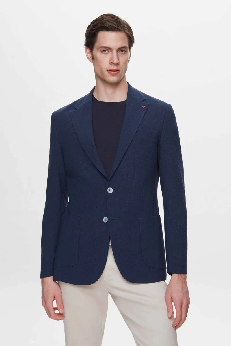 دي أس دامات Slim Fit Navy Blue Dobby Fabric Jacket 2HC04KV14436M