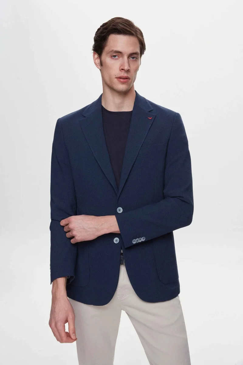 دي أس دامات Slim Fit Navy Blue Dobby Fabric Jacket 2HC04KV14436M