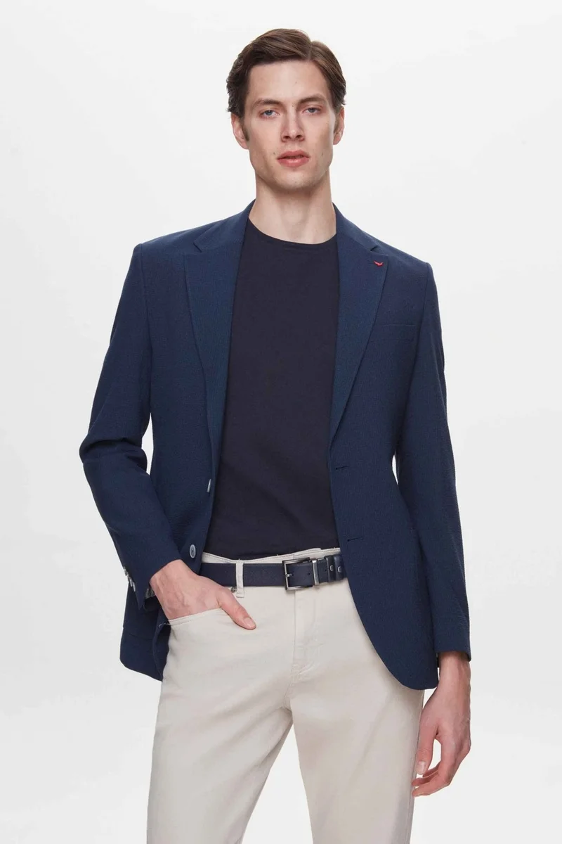 دي أس دامات Slim Fit Navy Blue Dobby Fabric Jacket 2HC04KV14436M