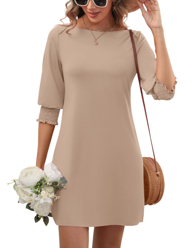 LUYAA Women's Casual Dresses Petite 3/4 Sleeve Boat Neck T Shirt Dress Solid Color Tunics or Tops to Wear with Leggings Smocked Dress Women Beige Dress Khaki Dress for Women XXL - Image 1