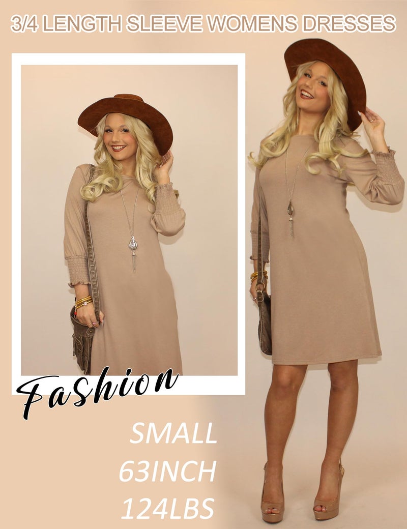 LUYAA Women's Casual Dresses Petite 3/4 Sleeve Boat Neck T Shirt Dress Solid Color Tunics or Tops to Wear with Leggings Smocked Dress Women Beige Dress Khaki Dress for Women XXL - Image 5