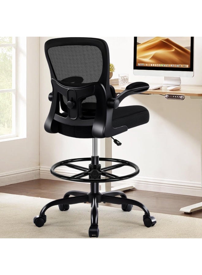 High-height drawing office chair, adjustable footrest ring, 2D lumbar support, foldable armrests, adjustable height, SGS-certified gas lift, 300 lb load capacity - Image 1