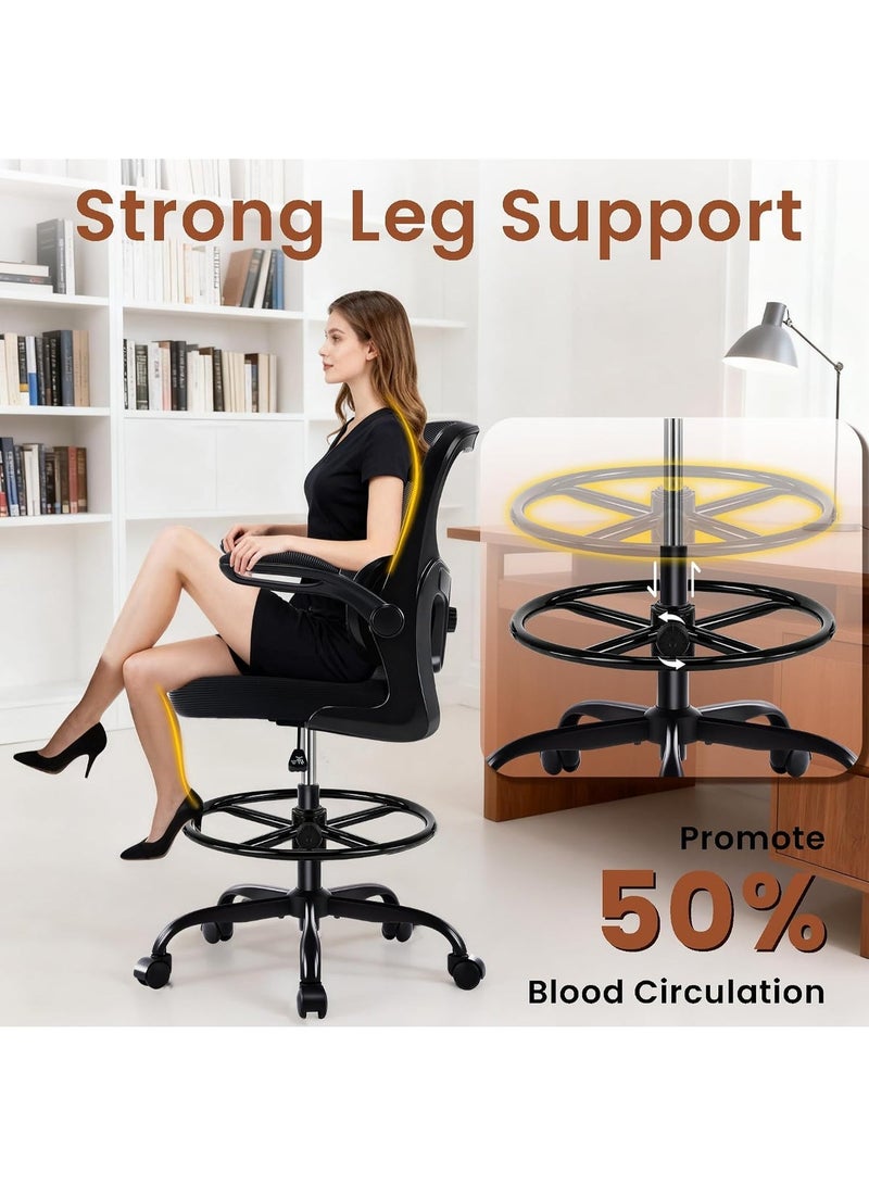 High-height drawing office chair, adjustable footrest ring, 2D lumbar support, foldable armrests, adjustable height, SGS-certified gas lift, 300 lb load capacity - Image 3