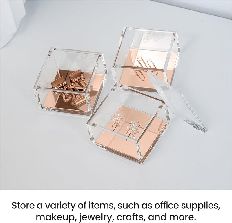 أوفيس جودز OfficeGoods منظّم أكريليك قابل للتراص من 3 طبقات مع قاعدة ذهبية وردية – منظّم مكتب عملي وأنيق للمكتب أو المنزل – يساعد في تجميع كل أغراضك الصغيرة - ذهبي وردي/مربع - Image 3