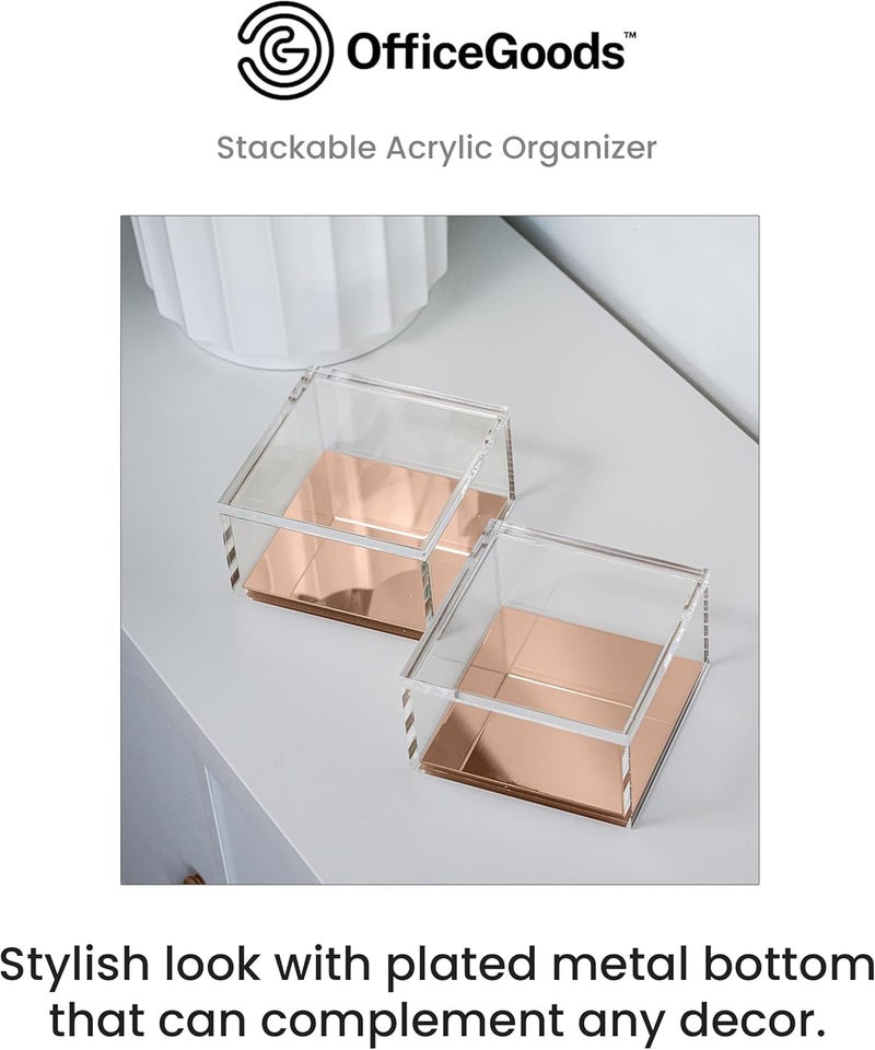 أوفيس جودز OfficeGoods منظّم أكريليك قابل للتراص من 3 طبقات مع قاعدة ذهبية وردية – منظّم مكتب عملي وأنيق للمكتب أو المنزل – يساعد في تجميع كل أغراضك الصغيرة - ذهبي وردي/مربع - Image 2