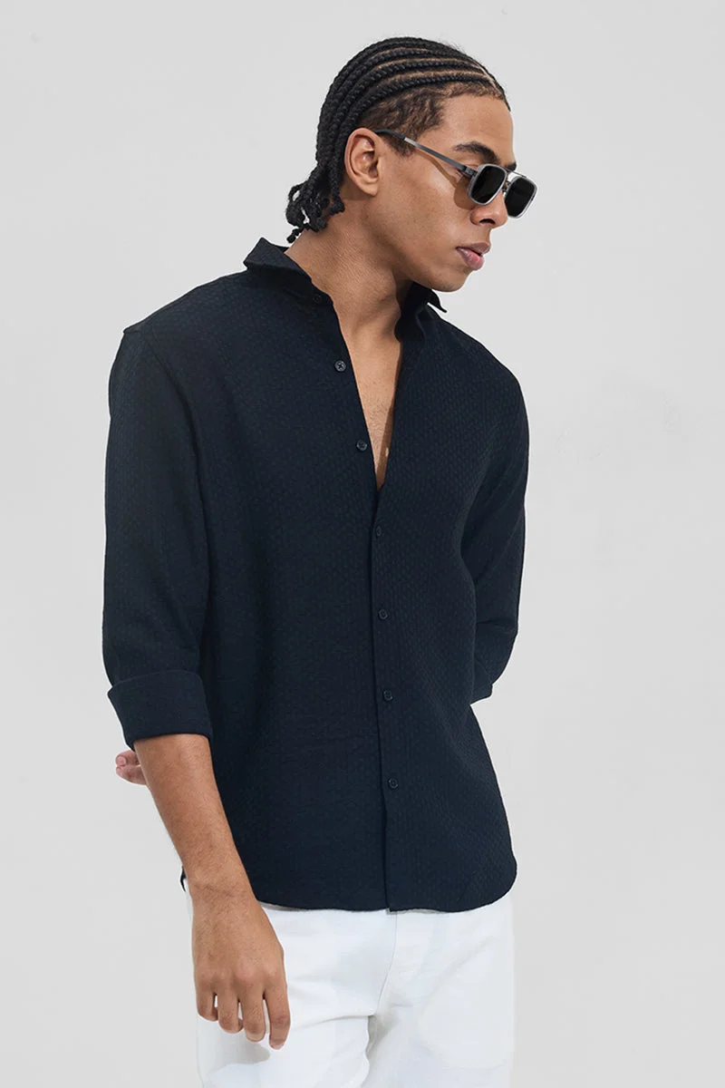 SNITCH Black Textured Long Sleeve Slim Fit Shirt