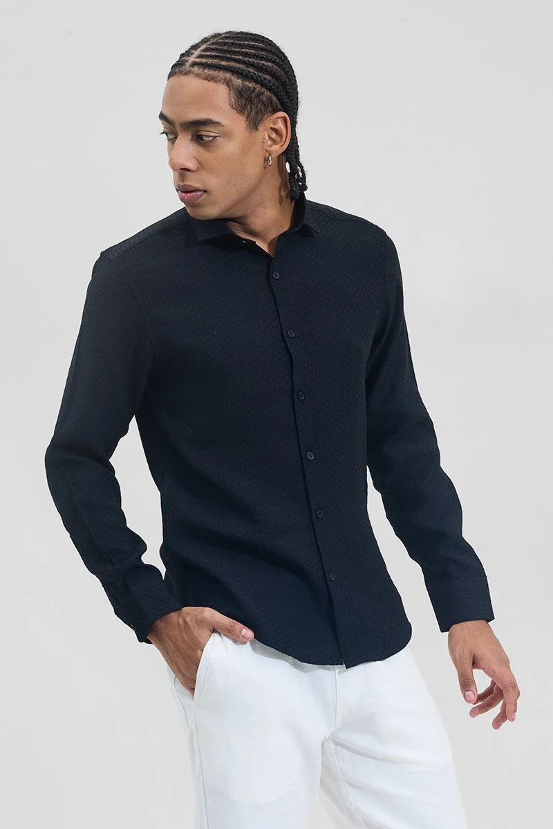 SNITCH Black Textured Long Sleeve Slim Fit Shirt