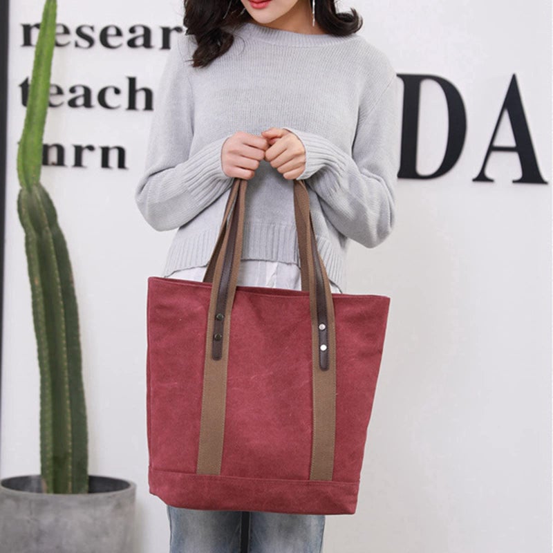 Sunshinejing Women Canvas Tote Bag Work Shoulder Totes Purse Everyday Top Handle Handbag (Red) - Image 3