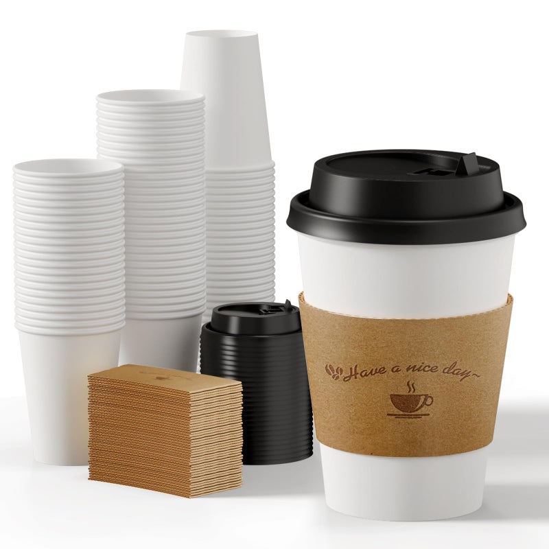 LITOPAK 100 Pack 12 oz Coffee Cups with Lids  To Go Coffee Cups with Lids and Kraft Sleeves  White Coffee Cup for Hot Drinks - Image 1