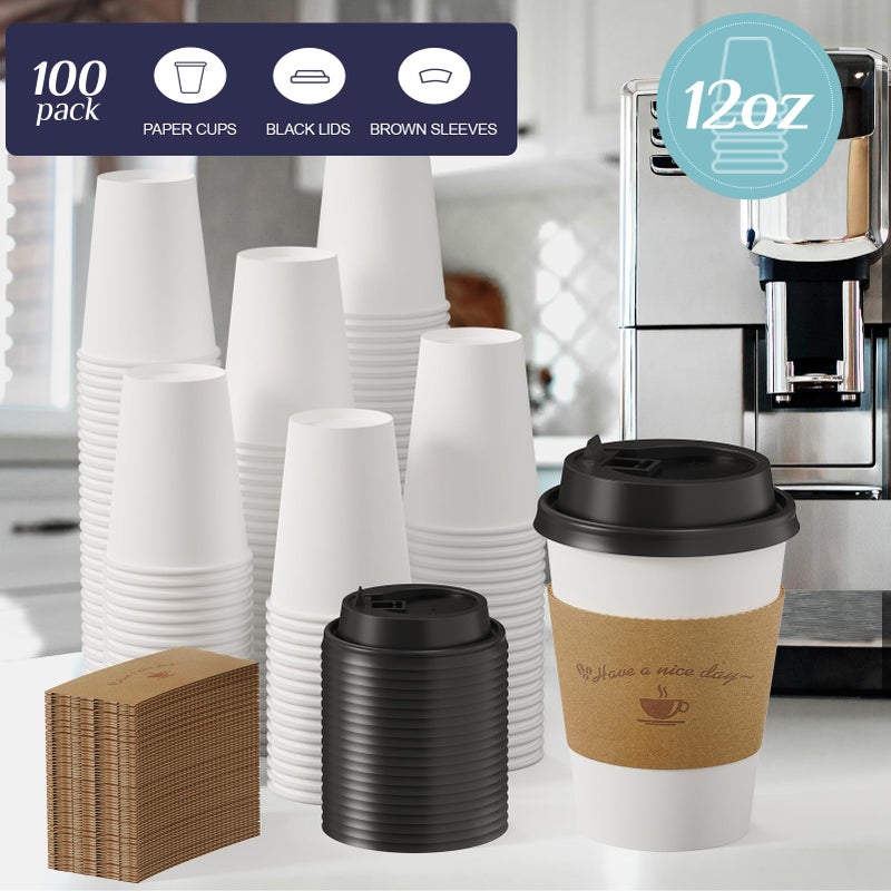 LITOPAK 100 Pack 12 oz Coffee Cups with Lids  To Go Coffee Cups with Lids and Kraft Sleeves  White Coffee Cup for Hot Drinks - Image 3