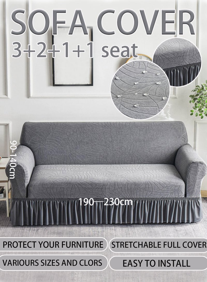 Arabest 4-Piece 7 Seater (3+2+1+1) leaf pattern sofa cover super elastic waterproof and wrinkle resistant full wrap Couch Slipcover with skirt exquisite and delicate non-slip flexible jacquard Sofa Slipcover dark gray 90-230CM - Image 1