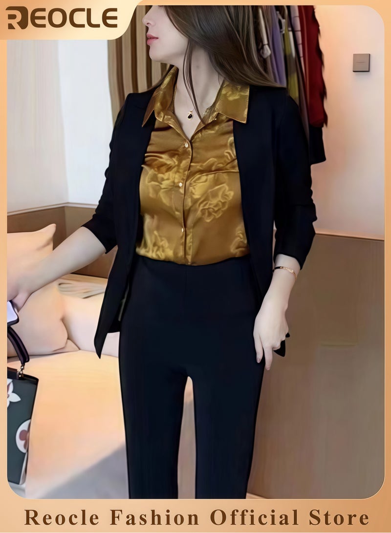 REOCLE Women's Two-Piece Shirt Set Long Sleeved Top Autumn Warm Shirt Fashionable Turned Collar Button Top Flower Printed Shirt for Commuting & Business & Daily Wear - Image 1