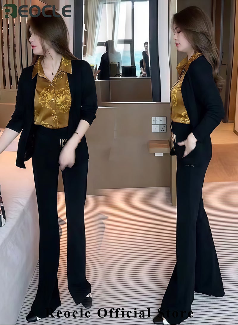 REOCLE Women's Two-Piece Shirt Set Long Sleeved Top Autumn Warm Shirt Fashionable Turned Collar Button Top Flower Printed Shirt for Commuting & Business & Daily Wear - Image 2