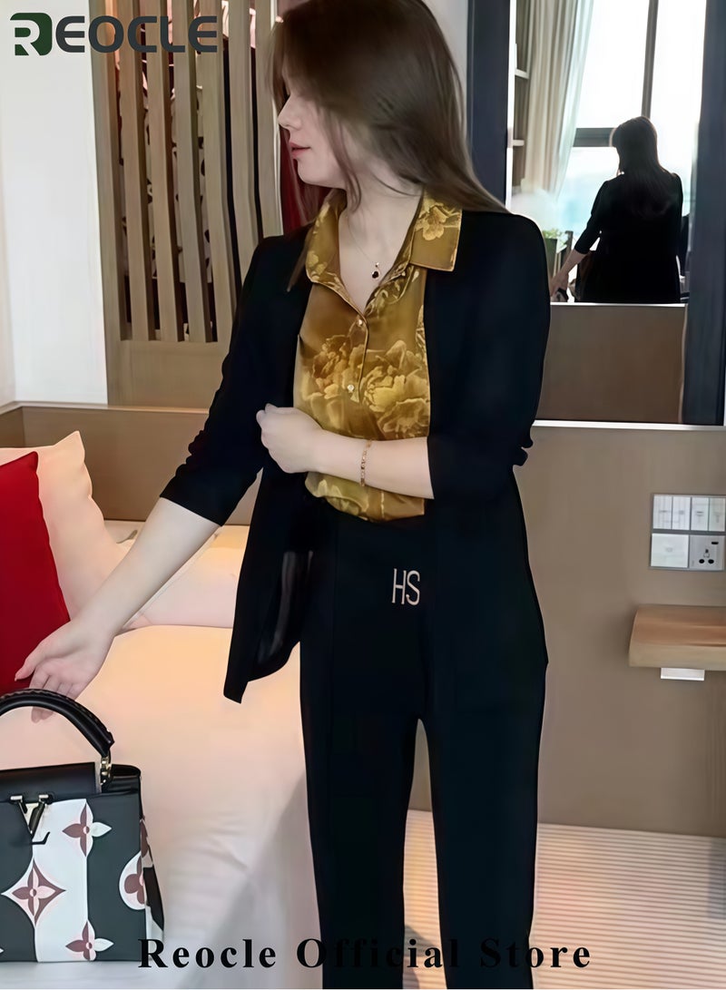 REOCLE Women's Two-Piece Shirt Set Long Sleeved Top Autumn Warm Shirt Fashionable Turned Collar Button Top Flower Printed Shirt for Commuting & Business & Daily Wear - Image 5