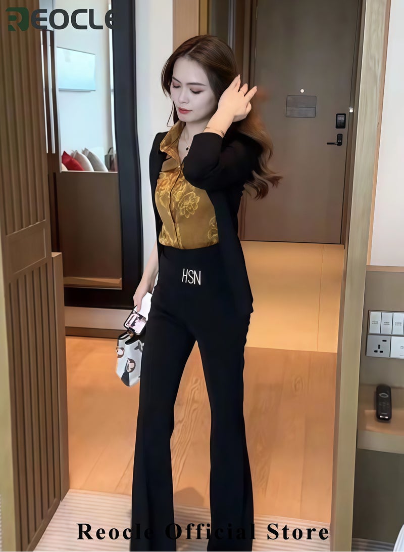 REOCLE Women's Two-Piece Shirt Set Long Sleeved Top Autumn Warm Shirt Fashionable Turned Collar Button Top Flower Printed Shirt for Commuting & Business & Daily Wear - Image 3