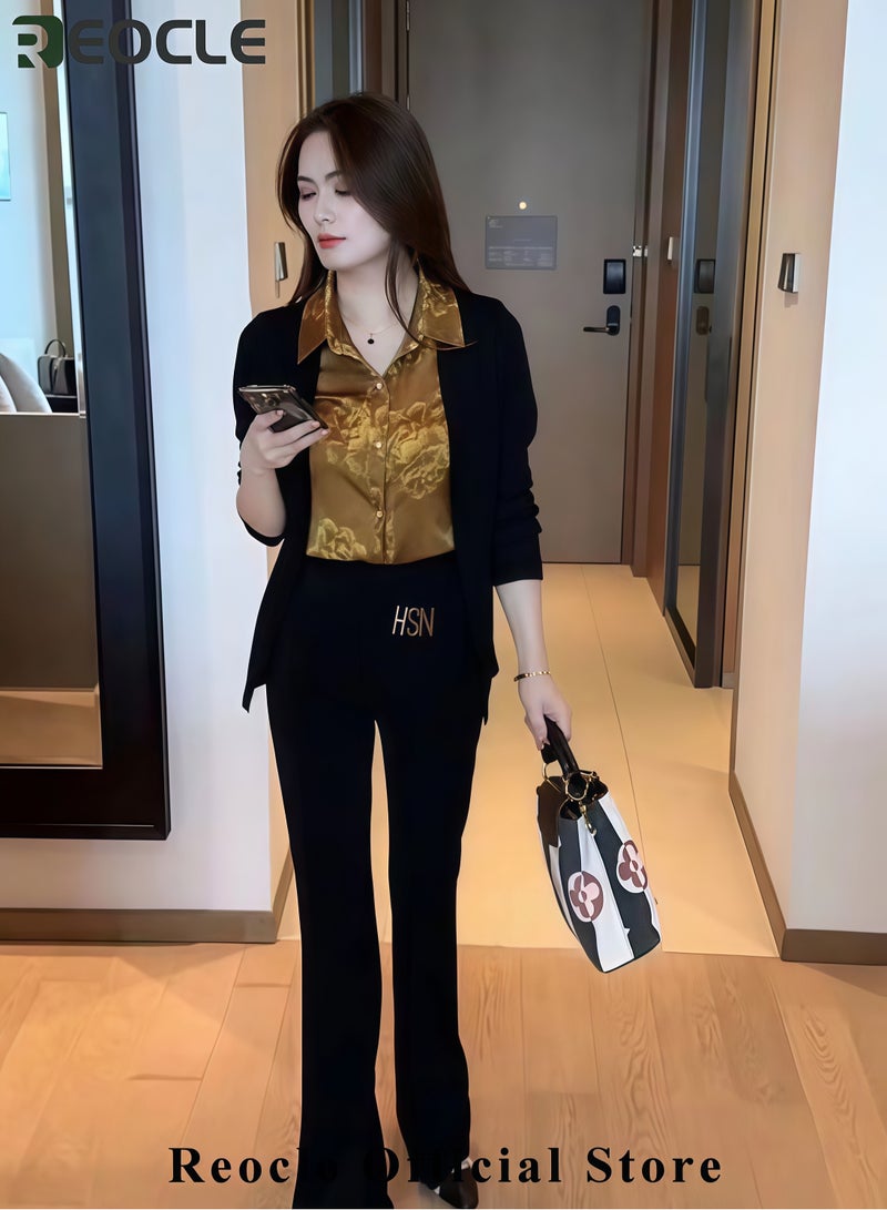 REOCLE Women's Two-Piece Shirt Set Long Sleeved Top Autumn Warm Shirt Fashionable Turned Collar Button Top Flower Printed Shirt for Commuting & Business & Daily Wear - Image 4