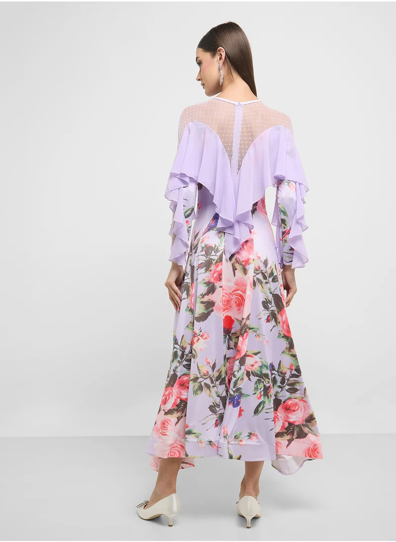 ELLA Floral Print Dress With Sheer Sleeves
