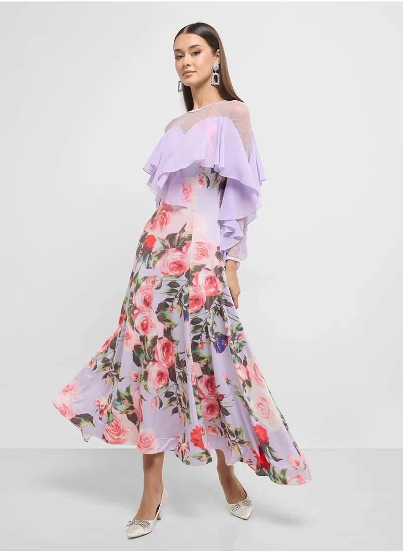 ELLA Floral Print Dress With Sheer Sleeves