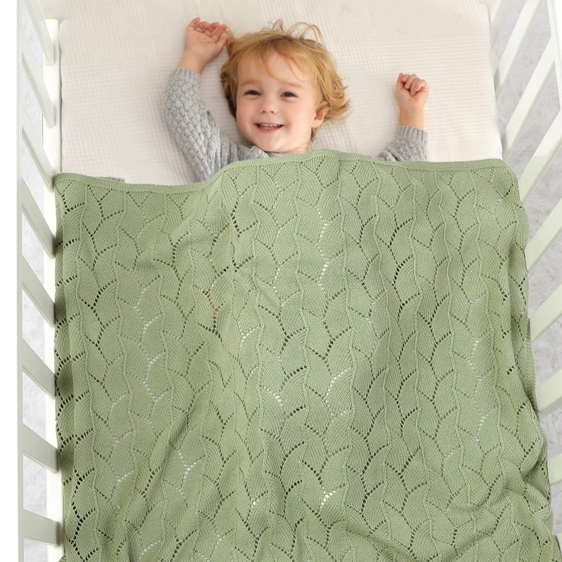 LAWKUL Cellular Blanket Baby 100% Cotton Knitted Soft Knit Crochet Blankets for Newborn Boy Girls Toddler 100x80cm Light Green - Image 2