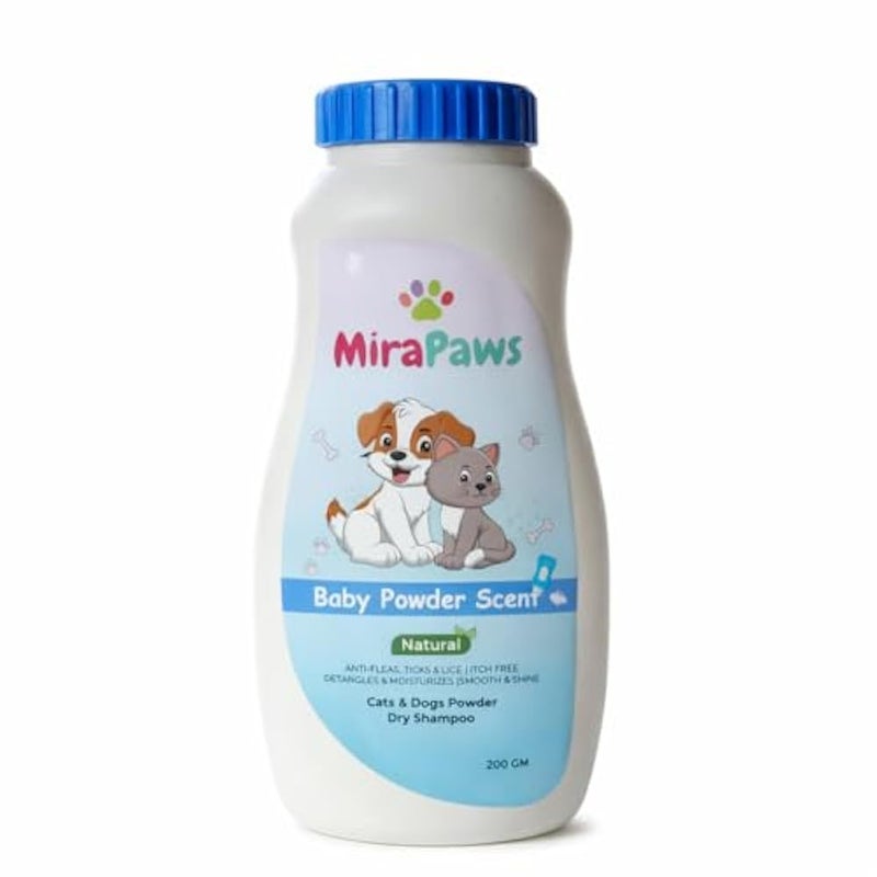 MiraPaws Natural Cats & Dogs Powder Dry Shampoo | Anti-Fleas, Ticks & Lice | Detangles & Moisturizes 200 gm (Baby Powder Scent) - Image 1