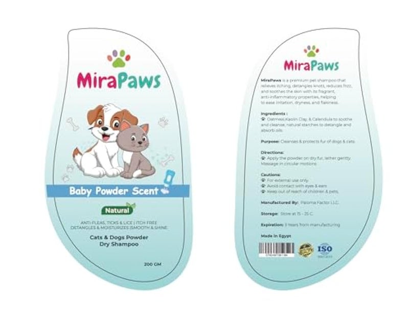 MiraPaws Natural Cats & Dogs Powder Dry Shampoo | Anti-Fleas, Ticks & Lice | Detangles & Moisturizes 200 gm (Baby Powder Scent) - Image 2