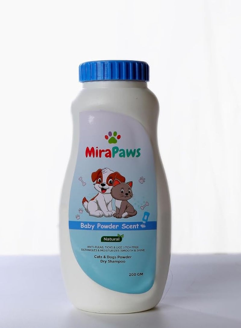 MiraPaws Natural Cats & Dogs Powder Dry Shampoo | Anti-Fleas, Ticks & Lice | Detangles & Moisturizes 200 gm (Baby Powder Scent) - Image 4