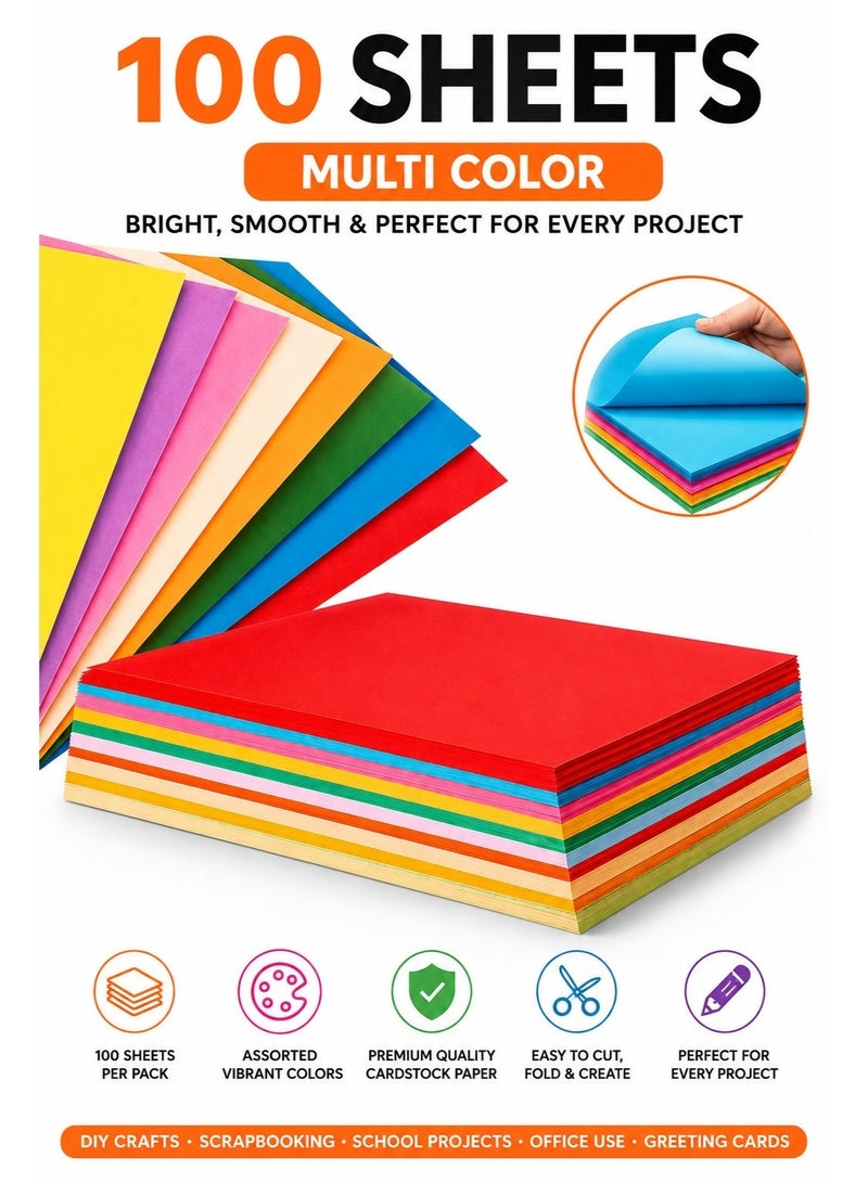 Lukadah A4 Colored Cardstock Paper, 100 Sheets Multi Color Craft Paper, 180 GSM Assorted Color Paper for Arts & Crafts, School Projects, Scrapbooking, DIY, Office & Greeting Cards - Image 1