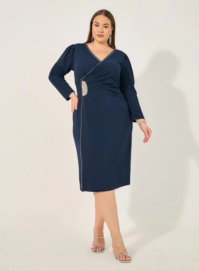 ستايلي Plus Size Embellished Wrap Look Sheath Midi Dress