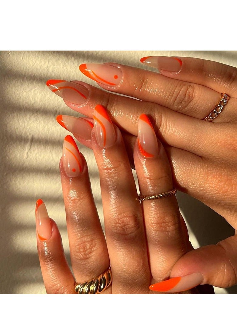 24 Pcs Almond Press on Nails, Neon Orange French Tip Nails with Abstract Swirl Design, Glossy Stick-on Nails with Gel Glue, Nail File, Cleaning Pad, Wooden Stick, Easy to Apply & Long-Lasting - Image 1