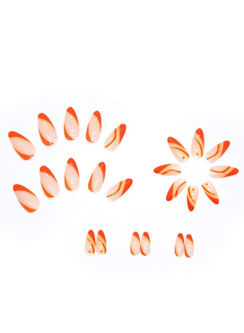 24 Pcs Almond Press on Nails, Neon Orange French Tip Nails with Abstract Swirl Design, Glossy Stick-on Nails with Gel Glue, Nail File, Cleaning Pad, Wooden Stick, Easy to Apply & Long-Lasting - Image 2