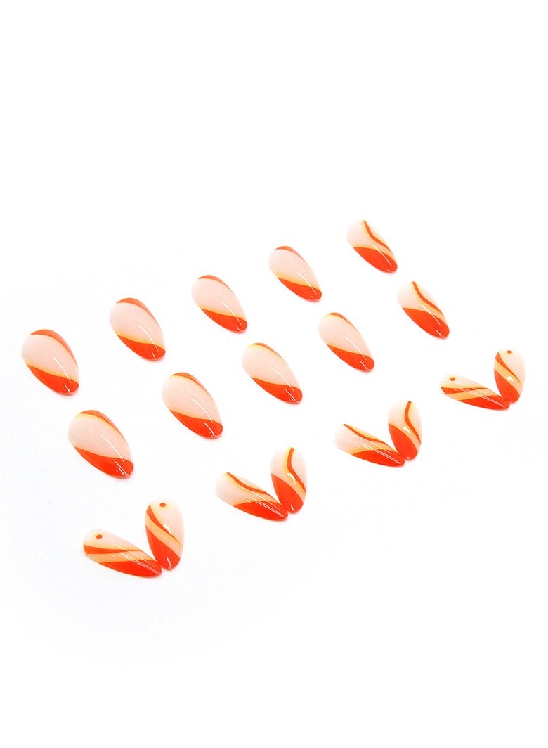 24 Pcs Almond Press on Nails, Neon Orange French Tip Nails with Abstract Swirl Design, Glossy Stick-on Nails with Gel Glue, Nail File, Cleaning Pad, Wooden Stick, Easy to Apply & Long-Lasting - Image 3