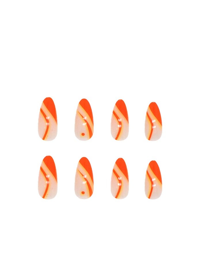 24 Pcs Almond Press on Nails, Neon Orange French Tip Nails with Abstract Swirl Design, Glossy Stick-on Nails with Gel Glue, Nail File, Cleaning Pad, Wooden Stick, Easy to Apply & Long-Lasting - Image 4