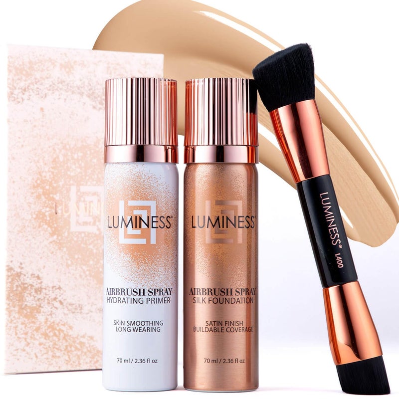 LUMINESS Airbrush Spray Silk Foundation Starter Kit - Fair - Foundation, Primer & Dual-Sided Angled Buffing Brush - Medium, Buildable Coverage, Anti-Aging Formula Hydrates & Moisturizes - Image 1