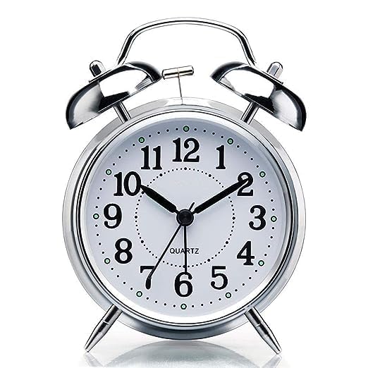 ToYooZe ToYooZe Table Clock Retro Twin Bell Metal Frame Alarm Clock with Night Backlight Function Silent Motion High Volume Bedside Luminous Alarm for BedroomOffice Silver Vintage Analog - Image 1