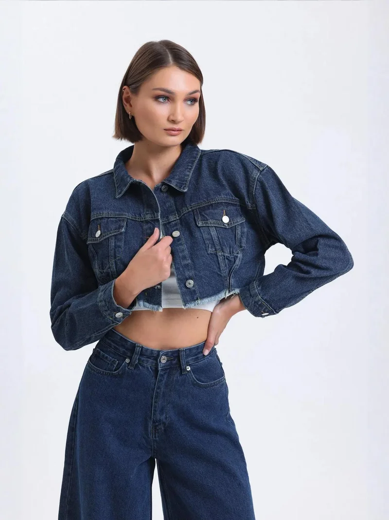 HICCUP Denim Collar Cropped Jacket with a Seamless Hem