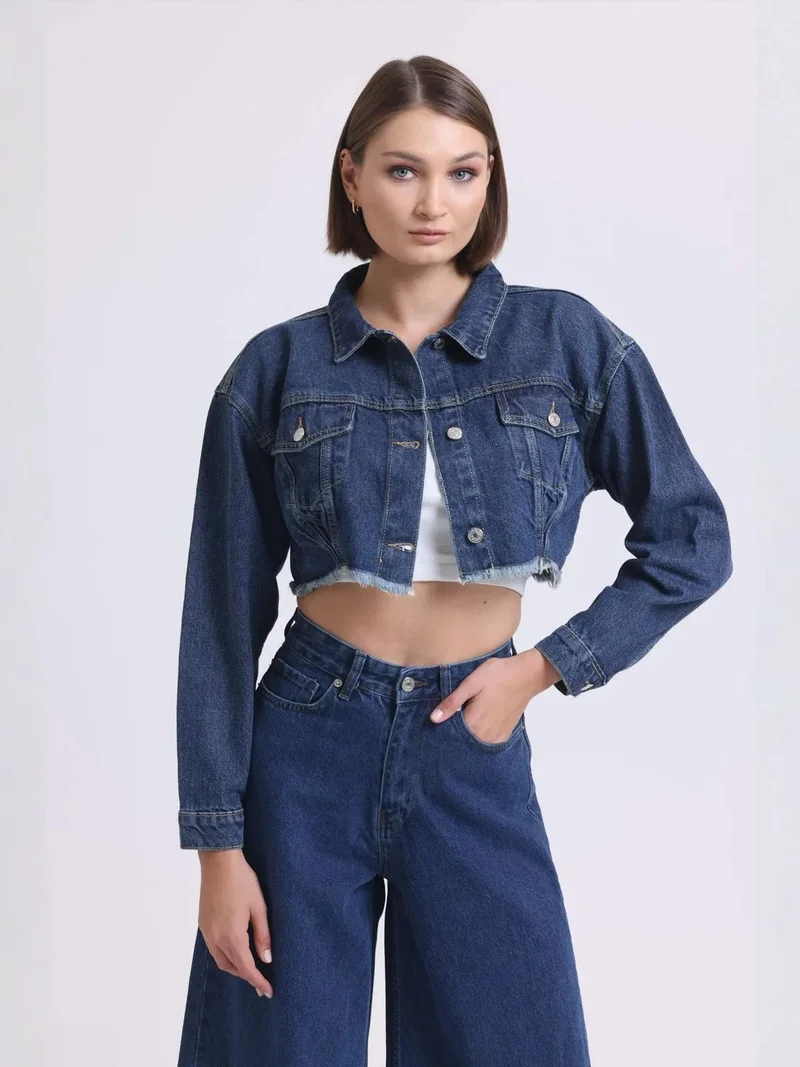 HICCUP Denim Collar Cropped Jacket with a Seamless Hem