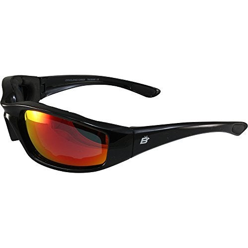 Birdz Eyewear Oriole Padded Motorcycle Riding Sunglasses Gloss Black Frame with Red G-Tech Reflective Lenses - Image 1