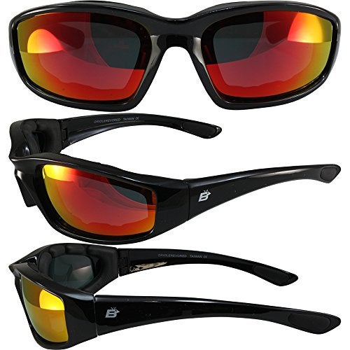 Birdz Eyewear Oriole Padded Motorcycle Riding Sunglasses Gloss Black Frame with Red G-Tech Reflective Lenses - Image 4