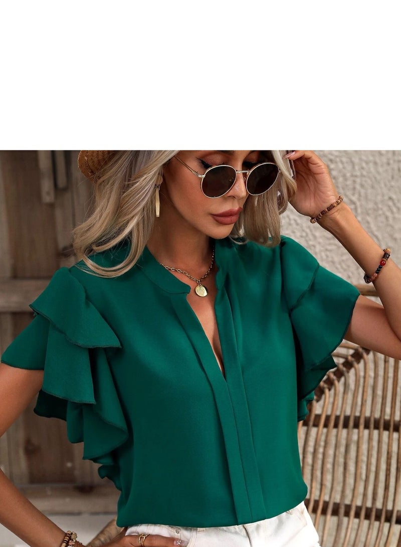 Shougu New V-neck Casual Solid Color Shirt Top  - Image 1