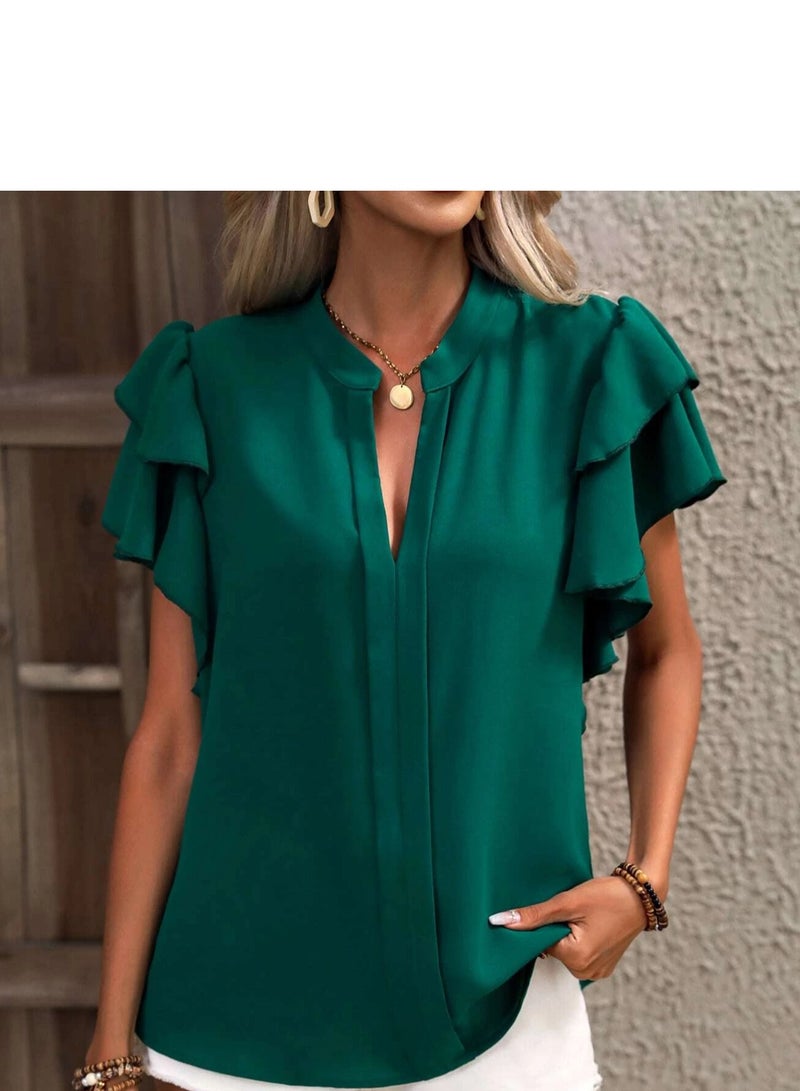 Shougu New V-neck Casual Solid Color Shirt Top  - Image 3