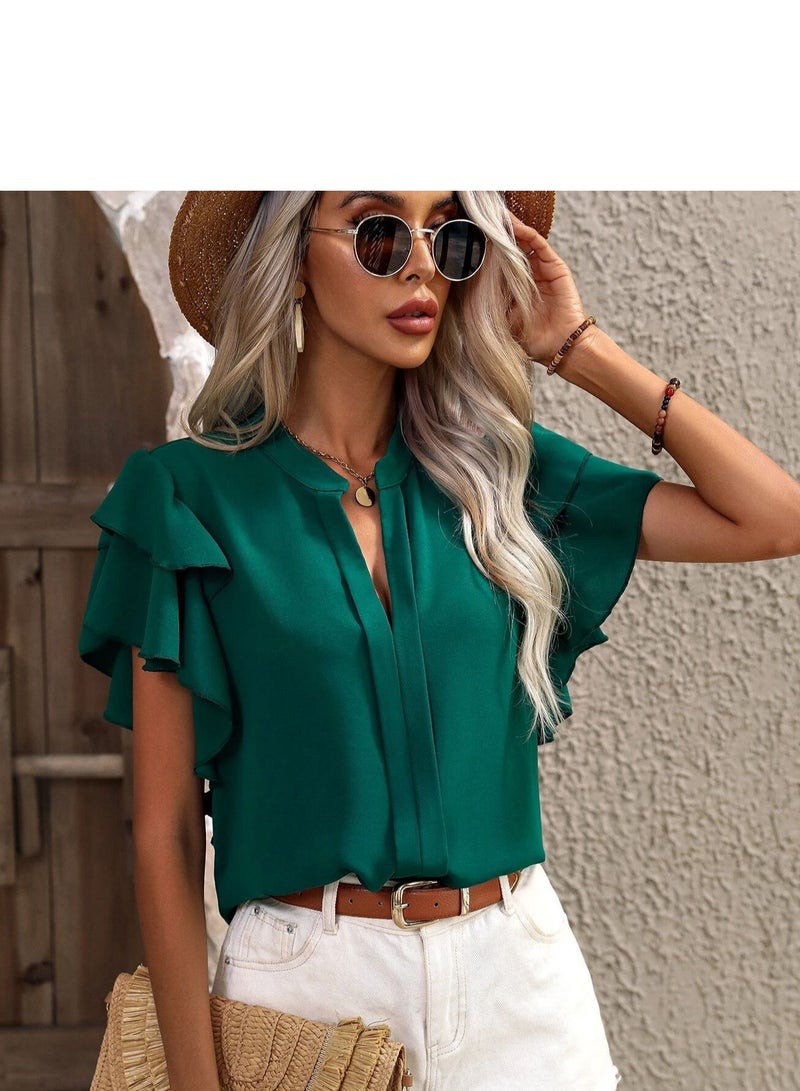 Shougu New V-neck Casual Solid Color Shirt Top  - Image 4