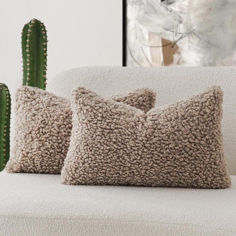Foindtower Set of 2 Curly Teddy Wool Pillow Covers Decorative Boucle Textured Lumbar Throw Pillow Faux Fur Pillowcases Sheepskin Cushion Case for Sofa Bedroom Car 12"x20" Khaki - Image 1