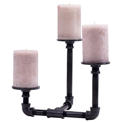 PIPE DECOR Pipe Décor Industrial 3 Branch Pillar Candle Holder Complete Set Electroplated Black Finish - 38CNPL4-BK- Rustic and Chic Steampunk - Image 1