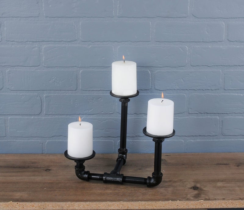 PIPE DECOR Pipe Décor Industrial 3 Branch Pillar Candle Holder Complete Set Electroplated Black Finish - 38CNPL4-BK- Rustic and Chic Steampunk - Image 2