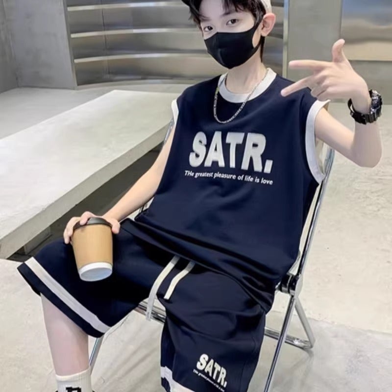 Boys' Sleeveless Suit Summer Children'S Vest Basketball Sportswear Shorts Two-Piece Set Big Boy'S Summer Fashion - Image 1